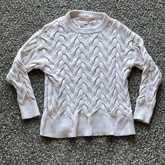Philosophy Tops - Cream/Baby Pink Small Cable Knit Sweater with Ribbed Neckline